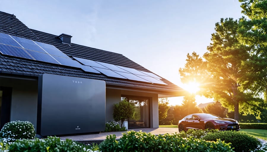 Tesla Powerwall installed on the exterior wall of a European home with solar panels on the roof and the sun shining brightly in the background.