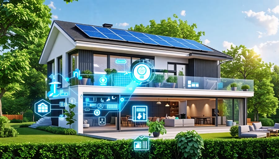 Illustration of a modern European home featuring rooftop solar panels, smart home automation controls, and lush greenery symbolizing sustainable living.