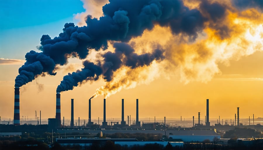 Industrial smoke stacks polluting the environment with carbon emissions