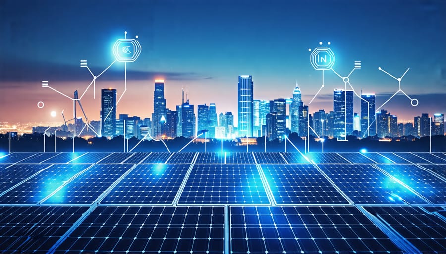 Conceptual illustration of a futuristic city skyline illuminated by solar panels and INOX Solar's advanced battery technologies, symbolizing Europe's transition to sustainable energy.