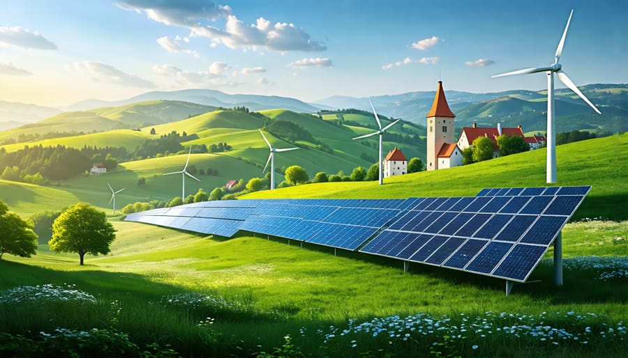 Conceptual illustration of a European landscape featuring solar panels and wind turbines connected through a modern renewable microgrid system, representing the transformation of Europe's energy infrastructure.
