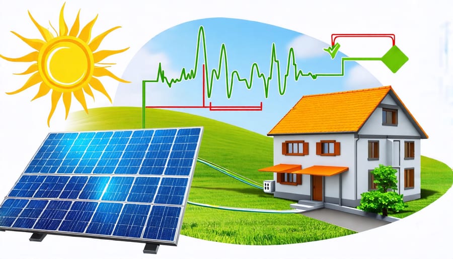 Conceptual illustration showing a solar panel converting sunlight into DC electricity, which flows to a solar inverter. The solar inverter transforms the DC power into bright AC energy, powering a house and integrating with the electrical grid.