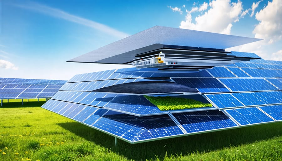 An illustrated cross-section of a solar panel revealing detailed layers including solar cells, glass cover, backsheet, junction box, and frame, symbolizing INOX Solar's commitment to innovation and sustainability in Europe.
