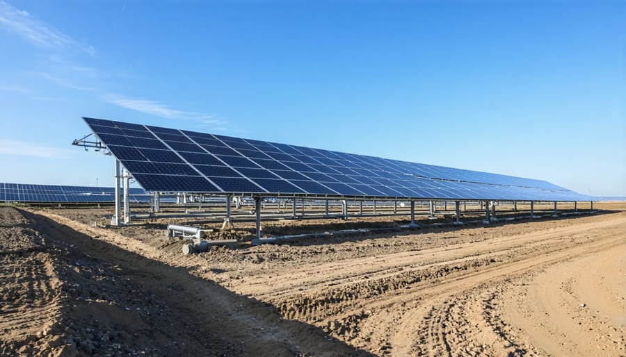Aerial view of industrial-sized flow battery containers connected to solar panel arrays