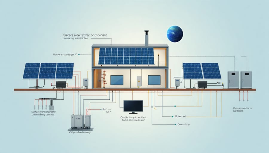 Technical illustration of integrated solar system components including batteries and smart controls