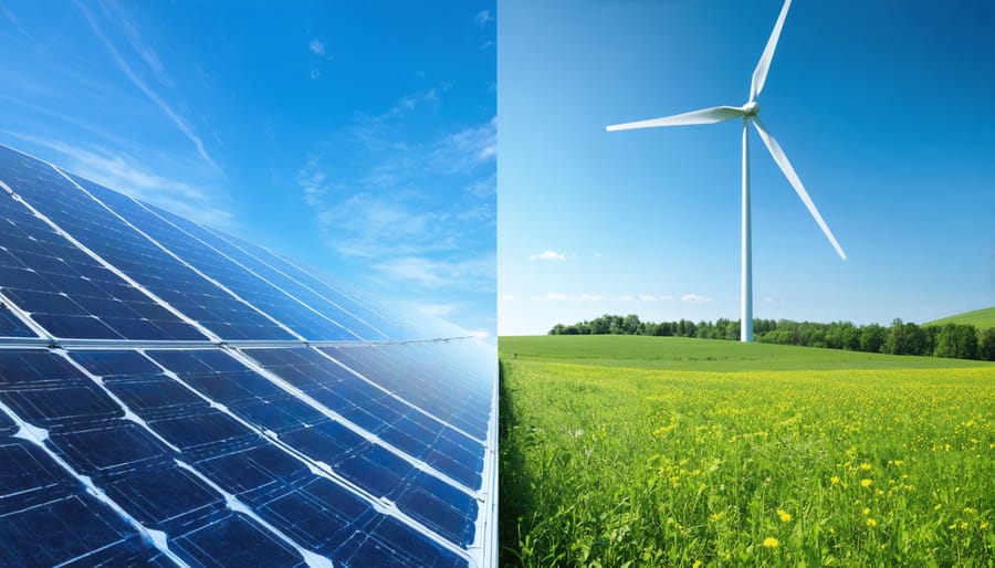 A split landscape showing solar panels capturing sunlight on one side and a wind turbine harnessing wind power on the other, illustrating the comparison between solar and wind energy for European properties.