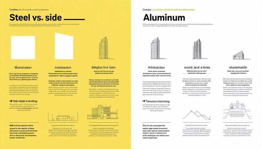 Infographic comparing key structural properties of steel and aluminum including yield strength, weight, and cost