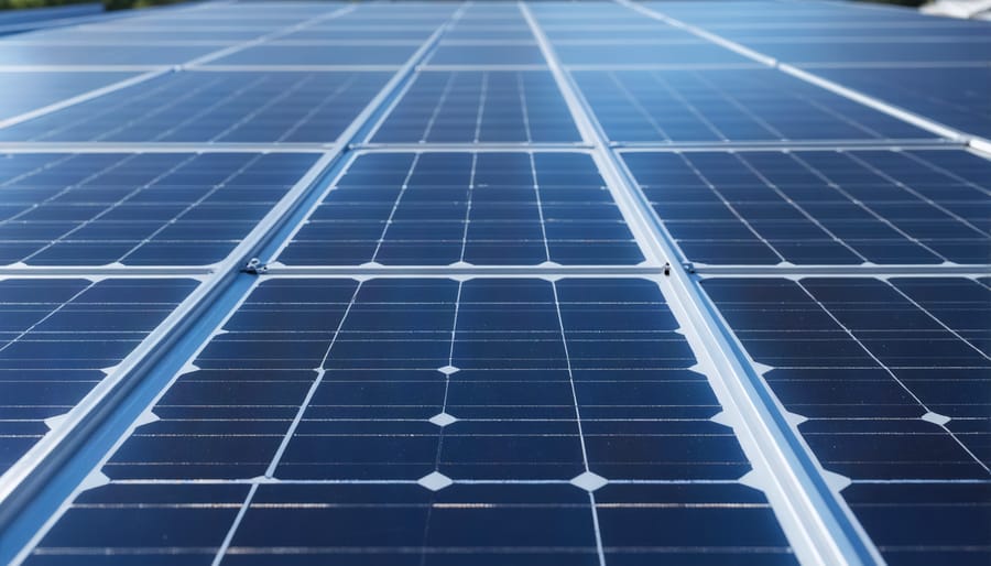 Detailed view of galvanized steel racking and mounting components for solar installations
