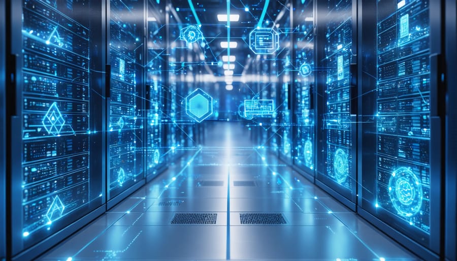 Modern data center with AI processing visualization overlay showing energy consumption patterns