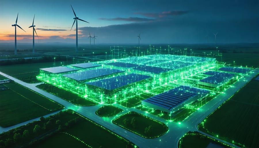 Futuristic data center with AI visualizations and connections, surrounded by wind turbines and solar panels, representing renewable energy integration and sustainability.