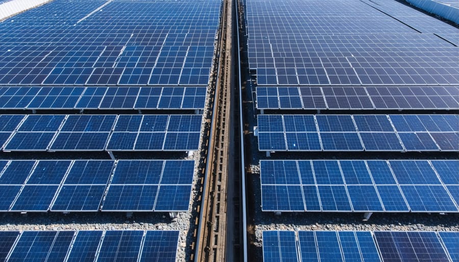 Bird's eye view of extensive solar panel installation along railway tracks