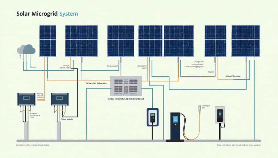 Technical diagram illustrating the key components and connections in a solar-powered microgrid system