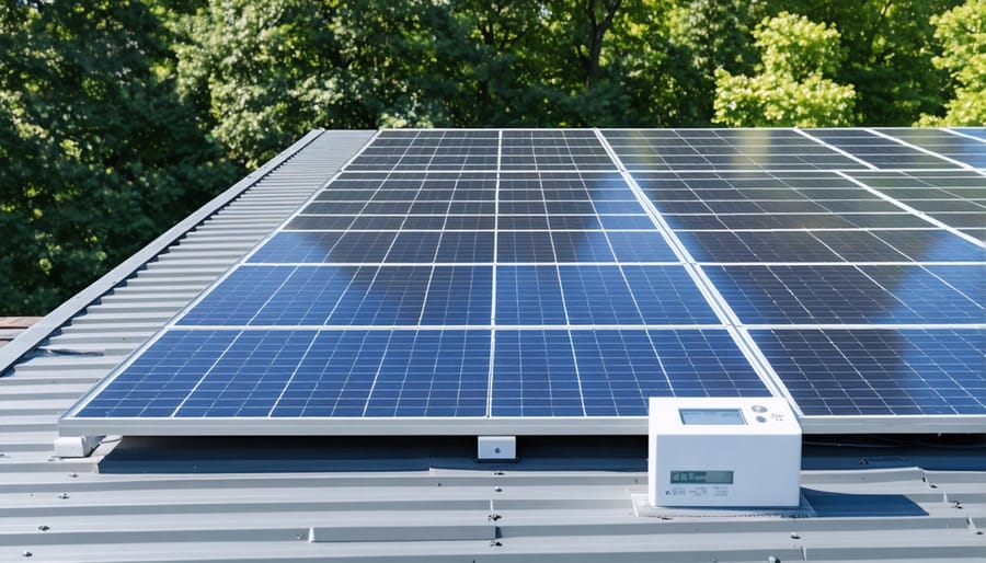 Solar panels installed on a residential roof with financial metrics display
