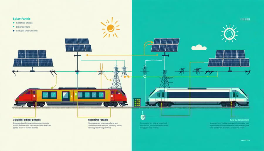 Diagram illustrating solar railway power distribution and storage system