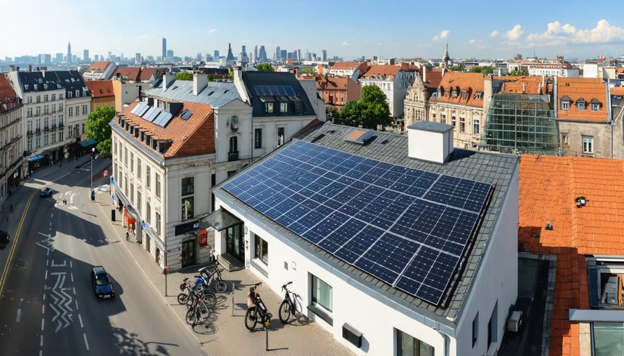 An aerial view of a European city showcasing solar-powered microgrids with visible solar panels on rooftops, connected to e-bike and scooter charging stations, set against a city skyline of modern and traditional architecture.