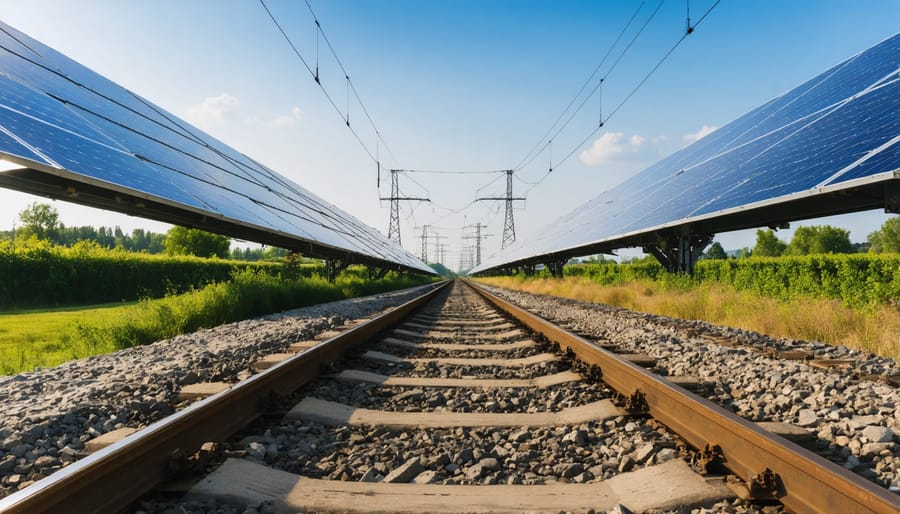 Solar panel array integrated with railway infrastructure on a sunny day