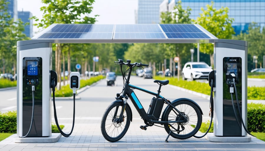 Solar-powered charging hub for electric bikes and scooters in a European city center