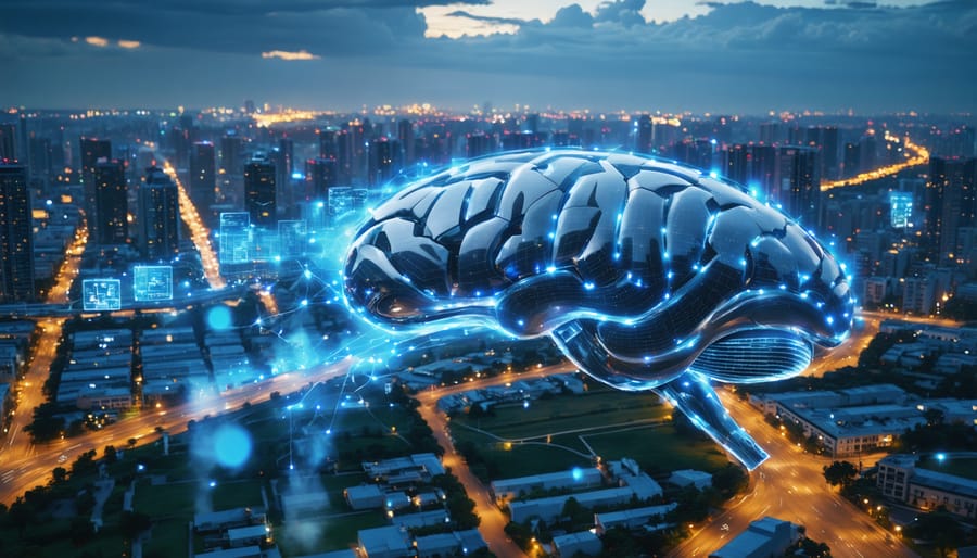 Futuristic city with solar panels and AI neural networks, symbolizing the integration of artificial intelligence in solar backup maintenance and energy management.