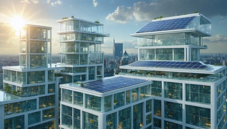 A modern European cityscape featuring buildings with solar glass windows, solar tiles, and solar-active facades, illustrating the integration of solar technologies in sustainable urban architecture.