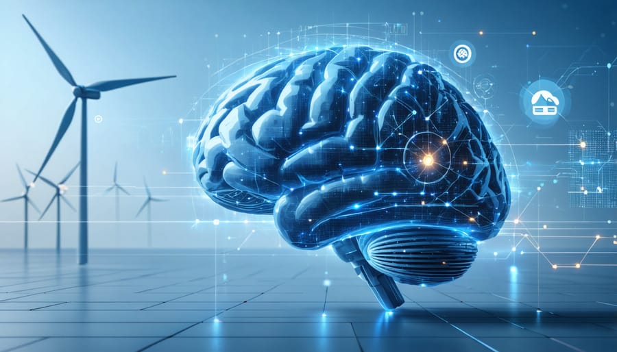 Abstract illustration of a digital brain with integrated wind turbines and solar panels, symbolizing intelligent control of wind-solar hybrid systems.