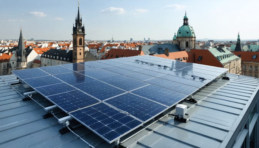 An urban rooftop featuring diverse solar panel mounting solutions with dual-axis tracking and building-integrated panels, set in a European city backdrop.