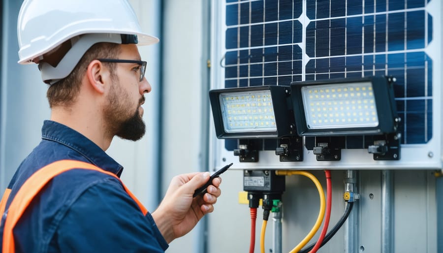 Professional conducting maintenance checks on solar emergency lighting components