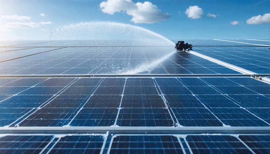 Maintenance workers cleaning solar panels with water spraying equipment
