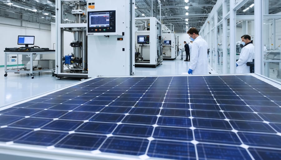 Solar panel undergoing intensive durability tests in a laboratory with technicians monitoring pressure and environmental conditions.