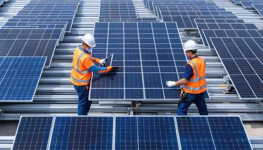 Workers at recycling facility dismantling and sorting solar panel materials