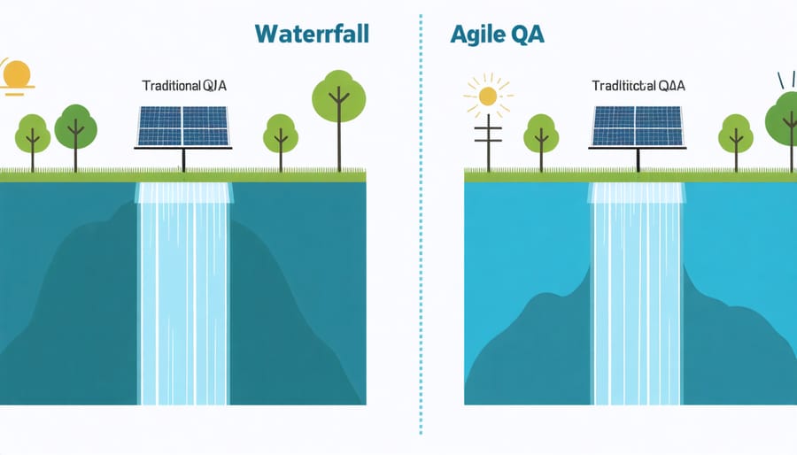 Comparison diagram showing traditional waterfall versus agile QA methodologies for solar installations