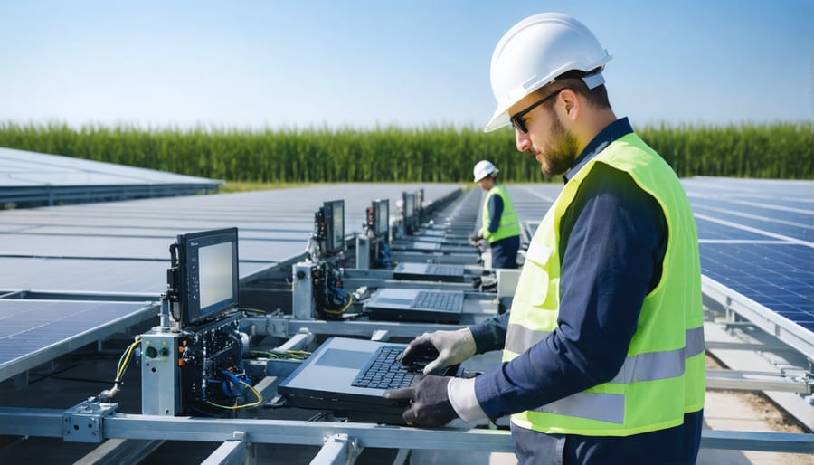 Technicians working with solar panel recycling machinery wearing safety equipment
