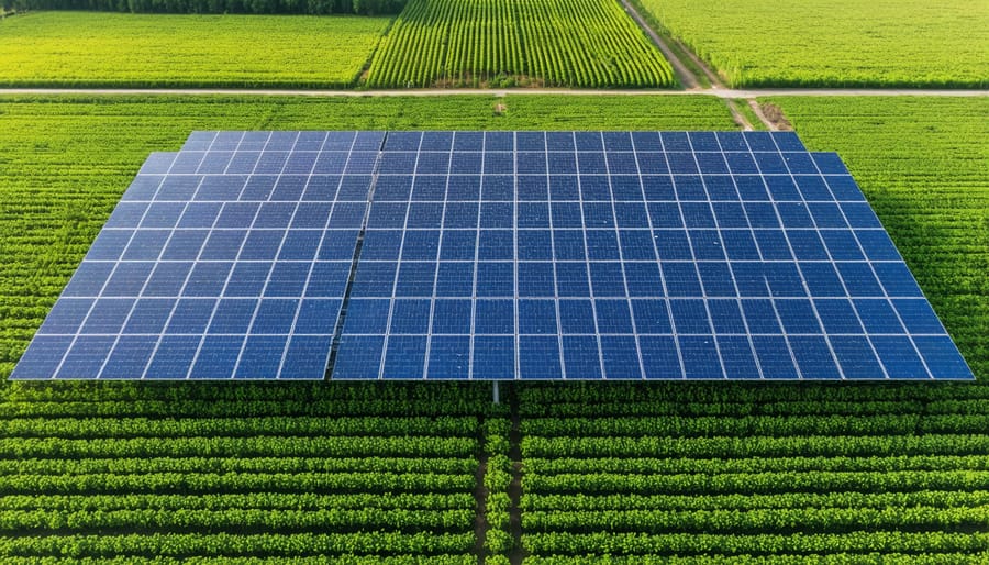 Modern sustainable farm powered by solar panels with environmental monitoring equipment