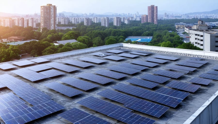 A cityscape featuring solar panels on rooftops and parking areas, illustrating the integration of renewable energy in urban settings.