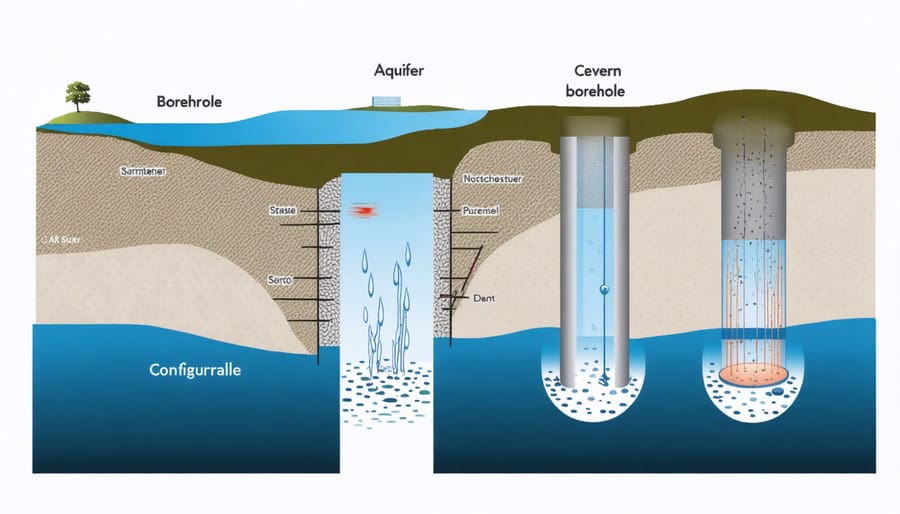 Technical illustration of underground thermal storage types showing aquifer, borehole, and cavern systems with labeled components