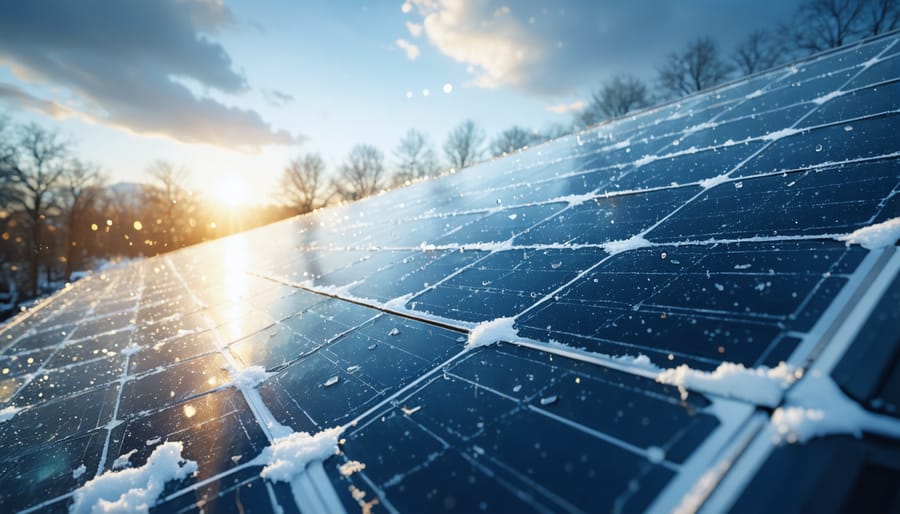 A modern solar panel shedding snow, set against a backdrop representing diverse European weather conditions including sunshine, rain, and wind.