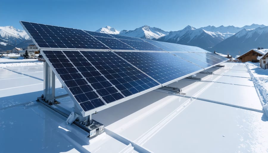 Illustration of bifacial solar panels elevated above a reflective surface with mountains in the background, demonstrating advanced mounting techniques for improved solar energy yield.