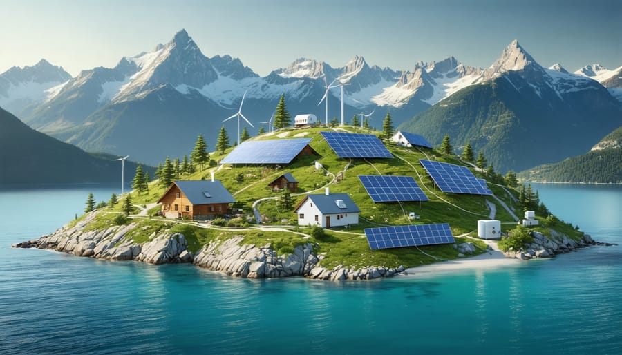 Conceptual illustration depicting remote European communities transformed by advanced solar systems with interconnected solar panels, smart grid infrastructure, and energy storage solutions.