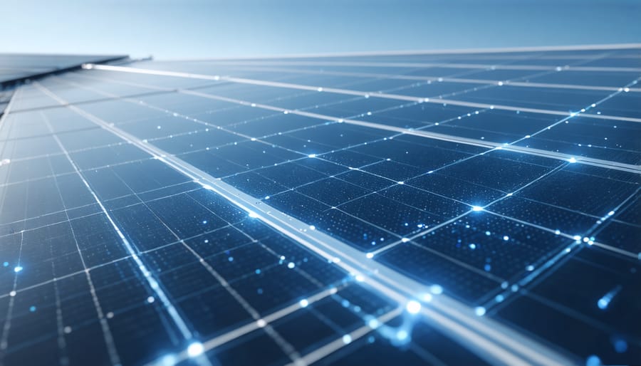 Computer vision system highlighting defects on solar panel with overlaid AI analysis