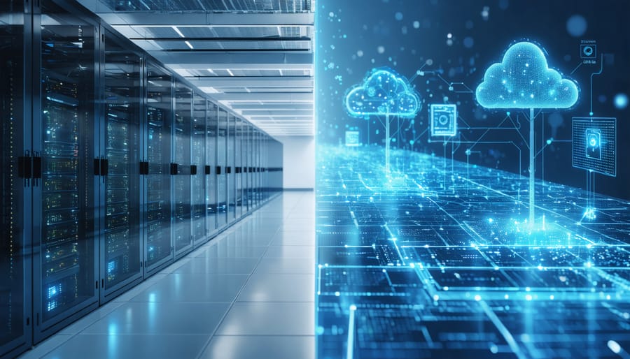 A conceptual illustration depicting the paradox of AI's environmental impact, with a data center symbolizing high energy consumption on one side and an AI-managed smart grid integrating renewable energy on the other.
