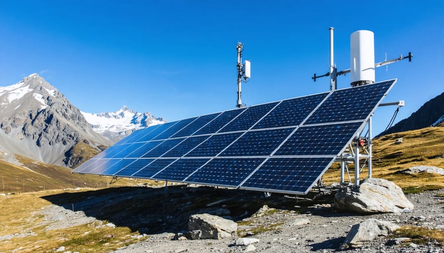 Mobile solar panels integrated with telecommunications equipment set up in a remote mountain community in the Alps, showcasing advanced technology in a rugged, natural setting.