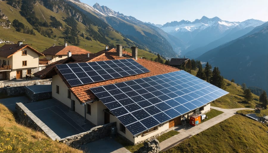 Modern solar installation powering an Alpine village with visible smart grid infrastructure