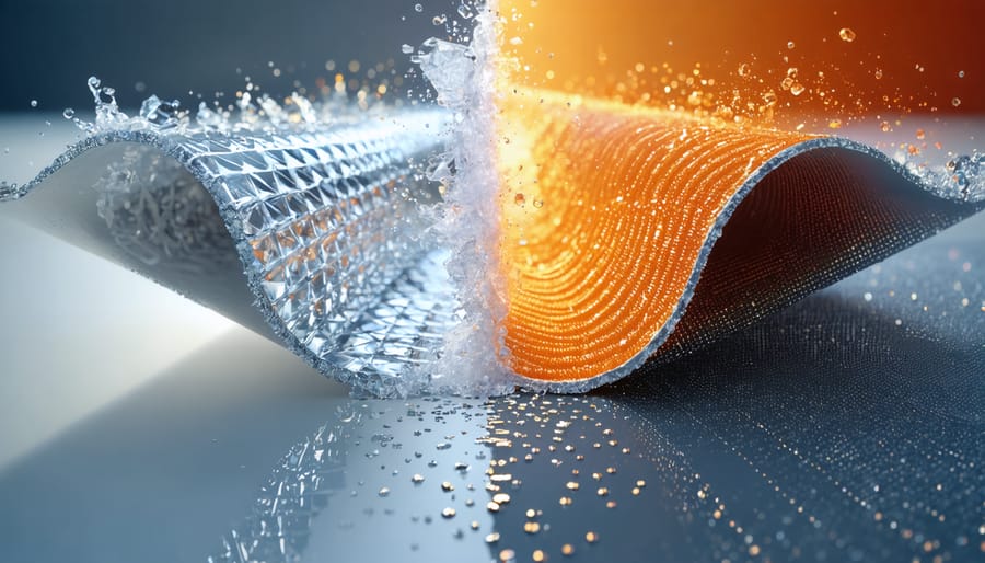 Conceptual image showcasing the comparison between aluminum's smooth crystalline lattice structure and a layered composite material's fibrous structure.