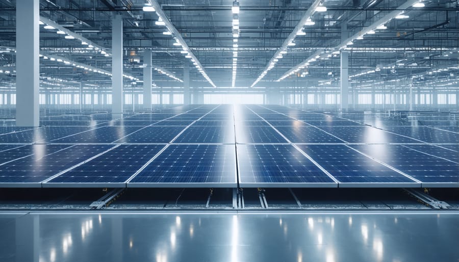 Automated solar panel manufacturing line with multiple QC checkpoints highlighted
