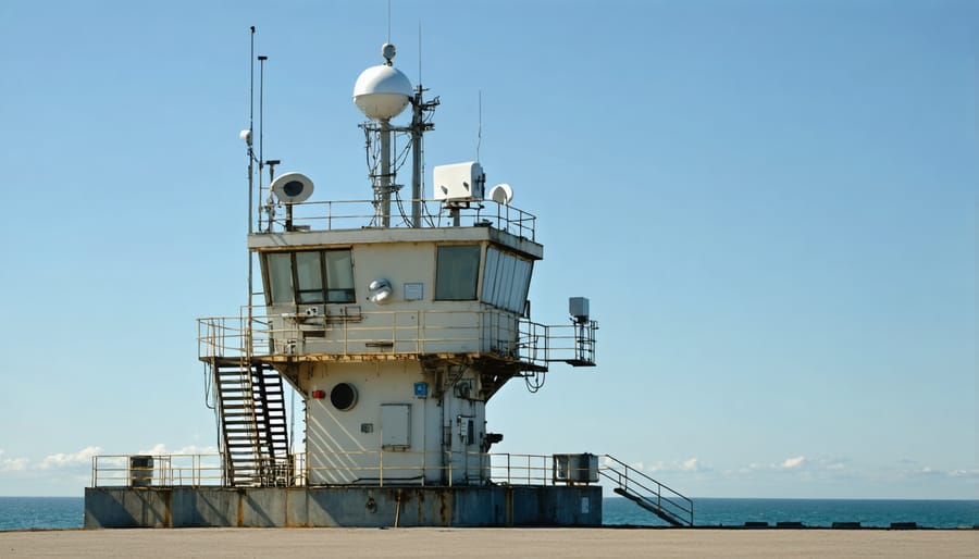 High-tech coastal research station monitoring wave patterns and weather conditions