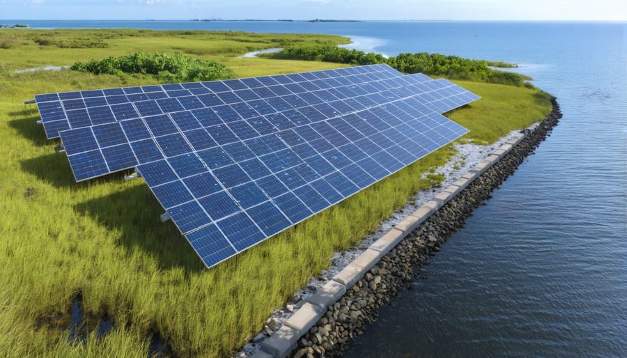 Coastal landscape with solar panels protected by flood defense systems and surrounded by wetlands and mangroves, illustrating the integration of engineering and nature-based solutions for climate resilience.