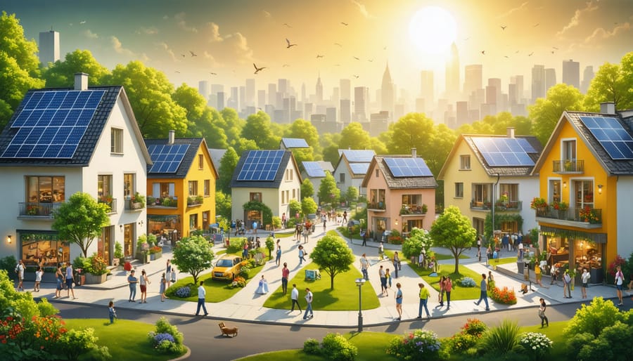 An illustrated European community with homes and businesses collectively tapping into a shared solar power system, reflecting unity and sustainable living.