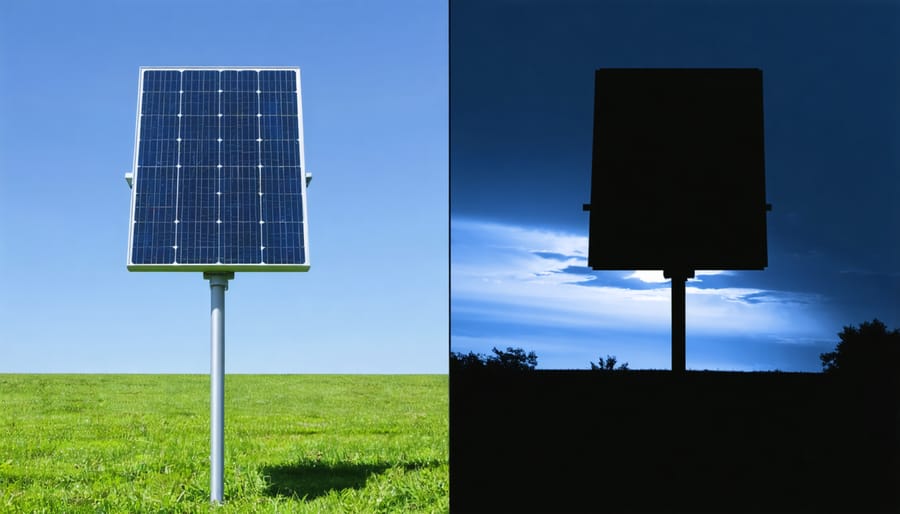 Split image showing solar IR illuminator during day collecting energy and at night providing infrared light