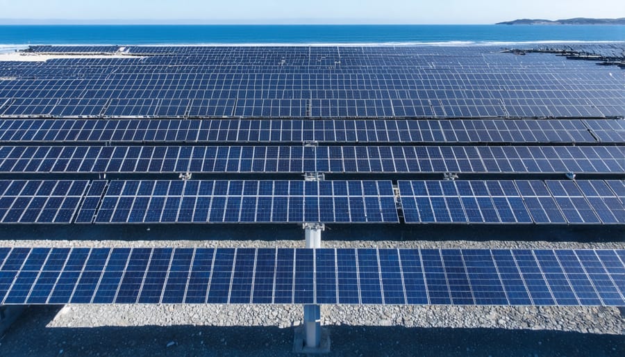 Aerial view of a coastal solar farm in Europe with implemented resilience measures