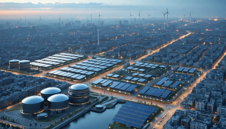 Futuristic European cityscape featuring renewable energy solutions like solar panels, wind turbines, and advanced battery storage units, symbolizing the innovative transformation of energy management.