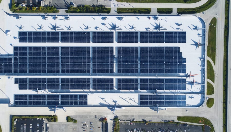 Large-scale solar panel installation at a European airport, showing terminal buildings covered with photovoltaic arrays
